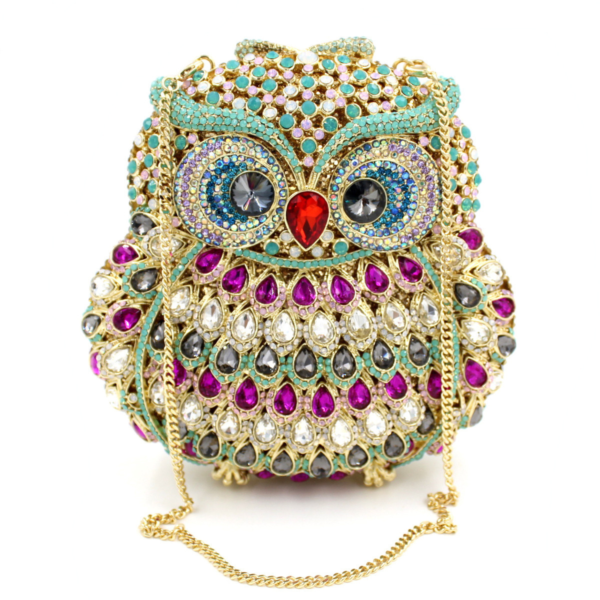 XIYUAN Owl Shape Women Hot Pink Crystal Handbag and Purse Evening Cross body Bags Party Metal Minaudiere Lady Diamond Clutch Bag