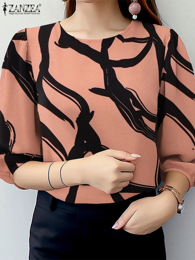 ZANZEA Women Elegant 34 Sleeve Work Blouse Summer Printed Shirt Stylish Casual Holiday Blusas Female Tops Tunic Oversize 250520