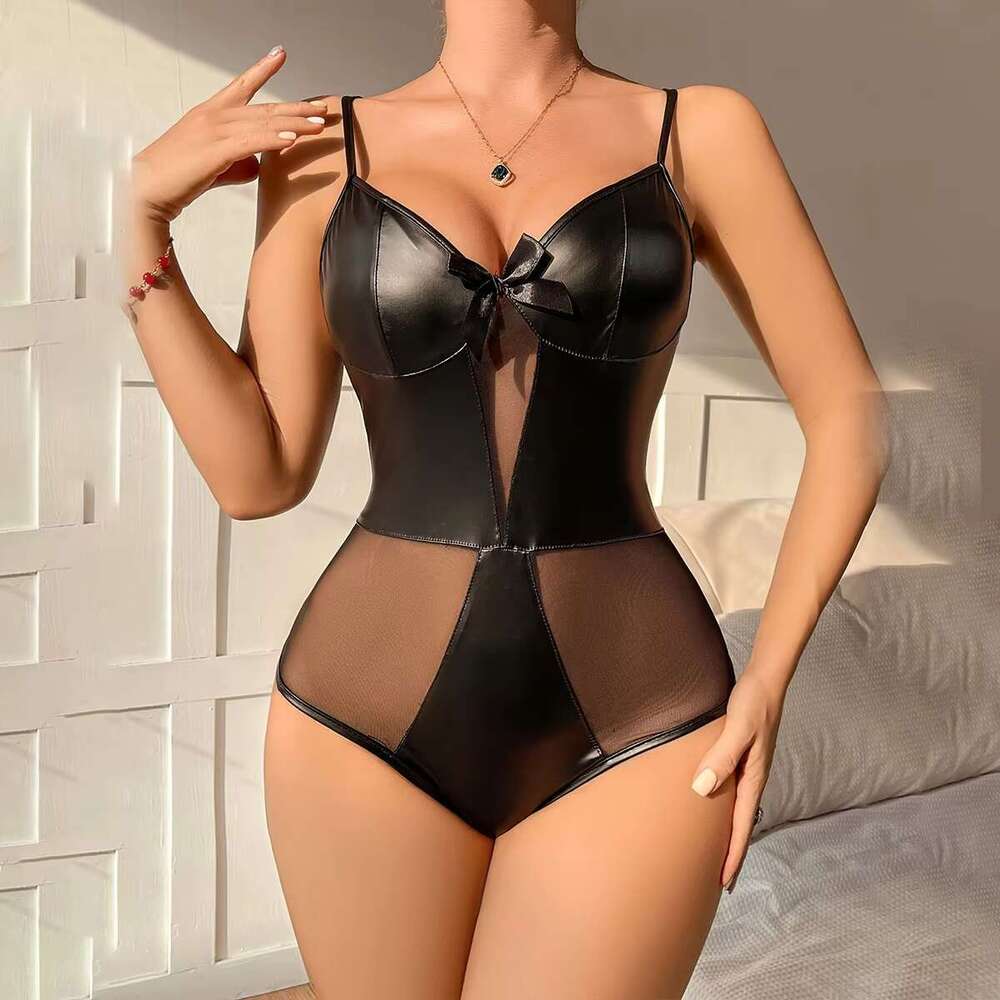 Female Black Leather Lingerie Sling Bodysuit Sexy One-Piece Underwear Mesh PU Ing Hollow Out Perspective Seductive Uniform