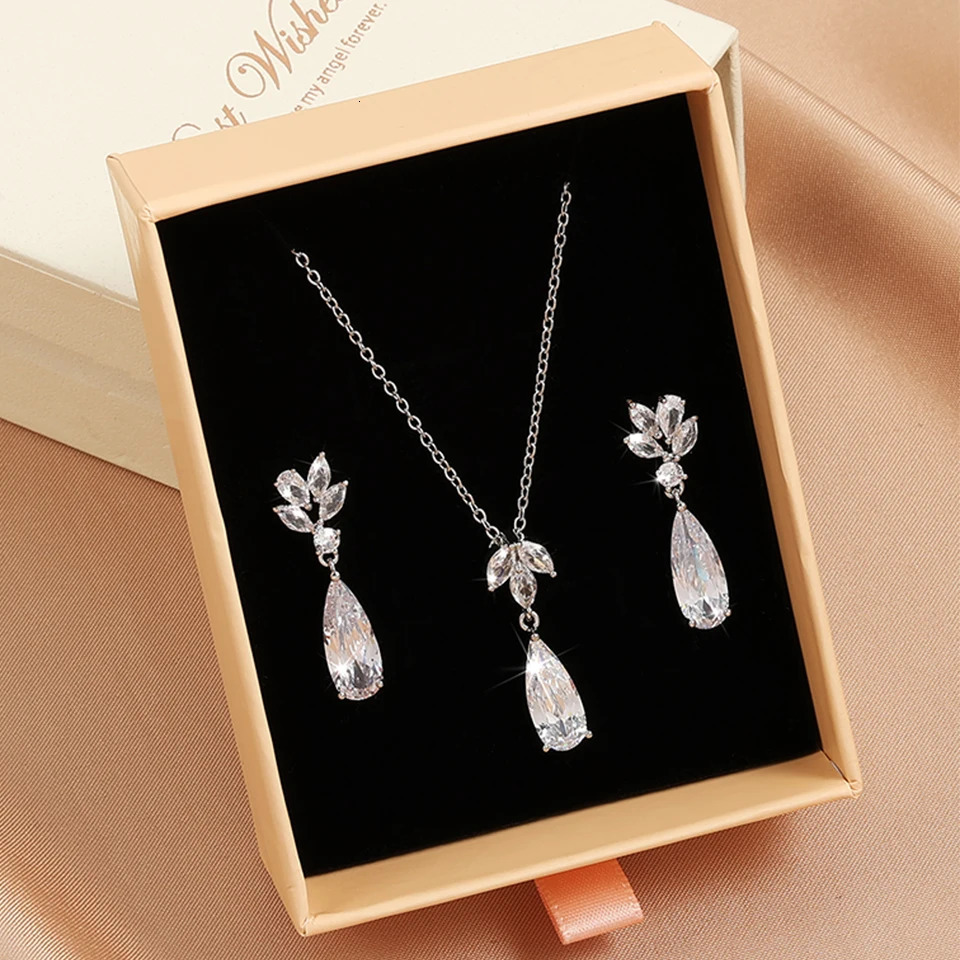 ZAKOL Shiny Teardrop Zircon Dangle Earring Necklaces for Women Elegant Shining Crystal CZ Wedding Jewelry Set With Gift Box 250520