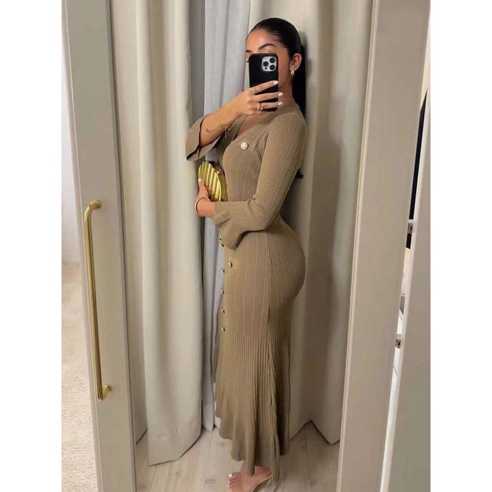 Elegant Knitted Long Dress Women Flare Sleee V Neck Ruffles Single Breasted Bodycon Dresses Party Fashion Office Lady Vestidos Designer