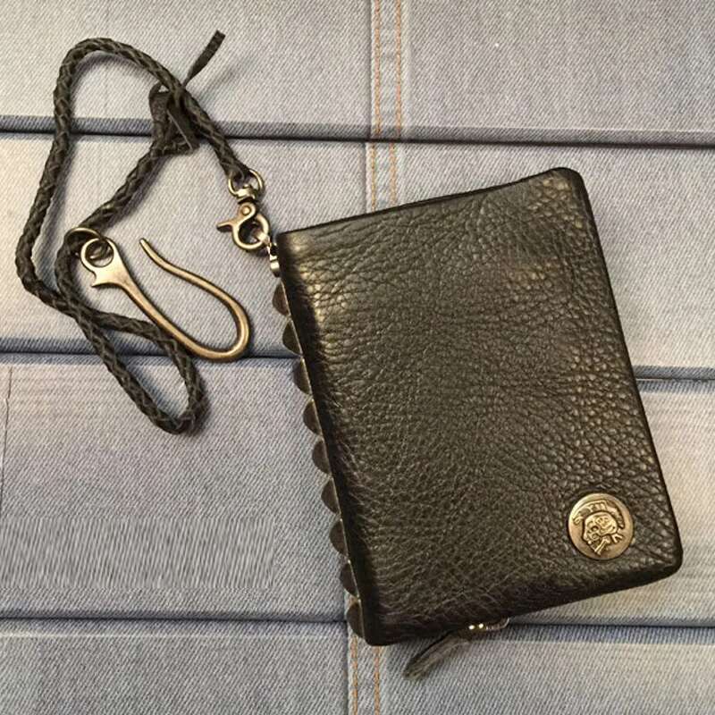 Fashion PUNK Stud Genuine Leather Men Bifold Short Wallet Zip around Male Purse Cowhide Money Bag Clip with Chain Black
