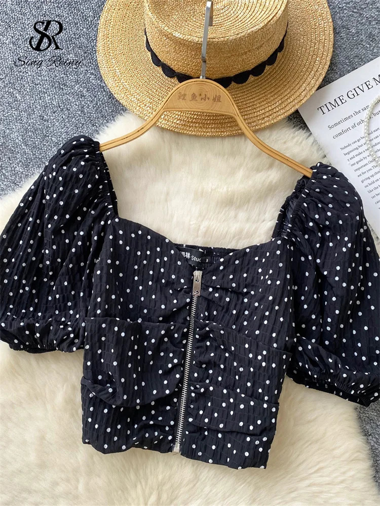 SINGREINY Summer Polka Dot Short Blouse Zipper Puff Sleeves Sexy Slim Tops Elastic Ruched Fashion Women Vintage Chic Shirt 250520