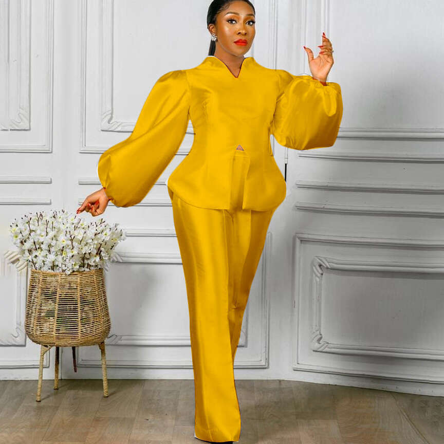 Women's Wear Solid Color Bubble Sleeve Top Wide Leg Long Pants Two Piece Women's Fashion Set