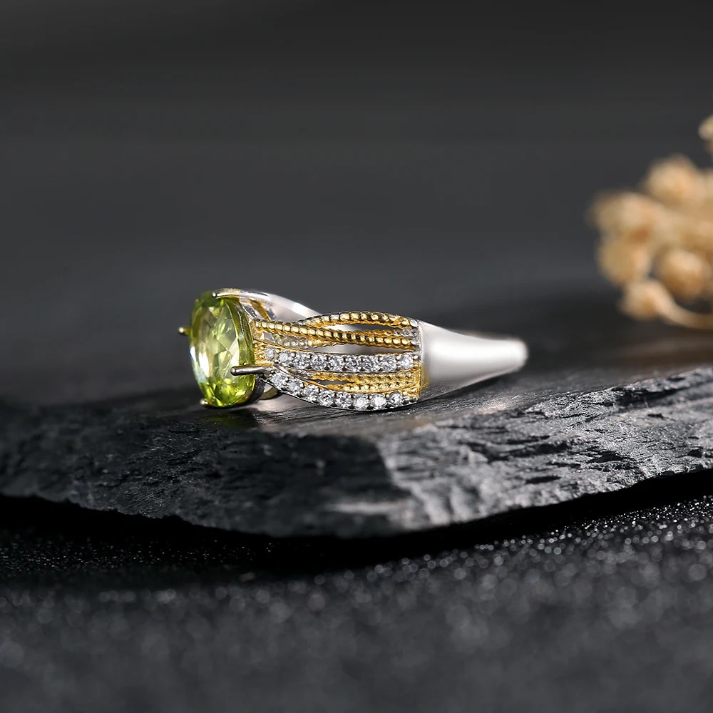 Genuine 925 Sterling Silver Gold Plated Ring for Women 8*6mm Natural Gems Peridot Stone Adjustable Rings for Daily Wear Jewelry 250517