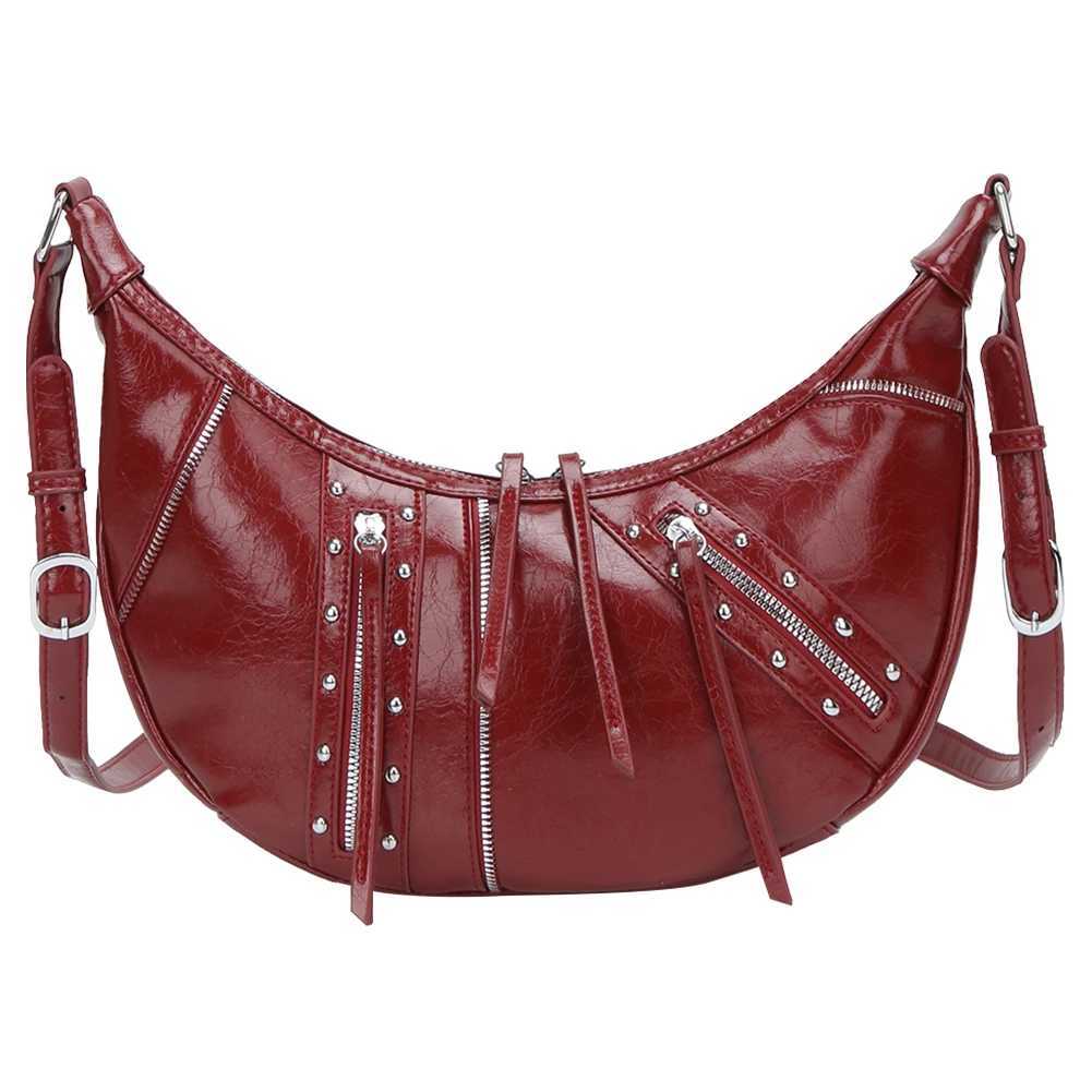 Women PU Leather Crossbody Bag Y2K Punk Crescent Bag with Inner Pocket Hobo Bag with Zipper for Work Travel M250520