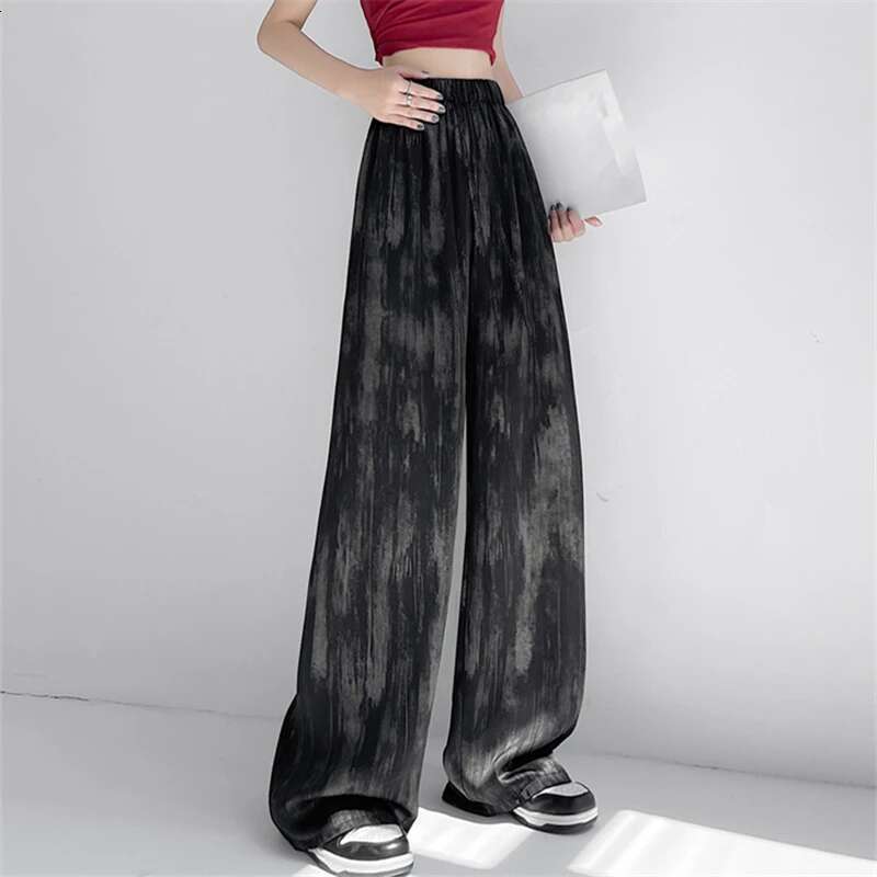 Seoulish Retro Ice Silk Tie Dye Wide for Women New Summer Spring Fashion Loose Straight Casual Leg Women's Pants
