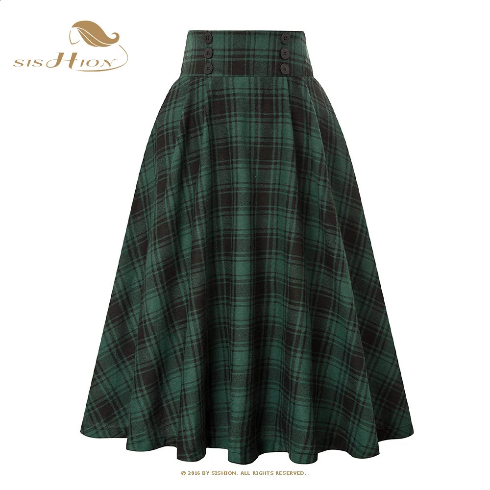 SISHION 2025 Autumn A Line Swing Buttons Long Midi Vintage Skirt SS0037 Red Green High Waist Plaid Skirts for Women Jupe 250513Z