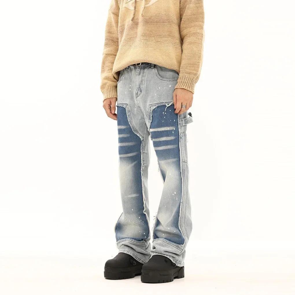 Mens Jeans Loose Fit Casual Style American Streetwear Black White Color Block Straight Leg Pants Trendy 250519