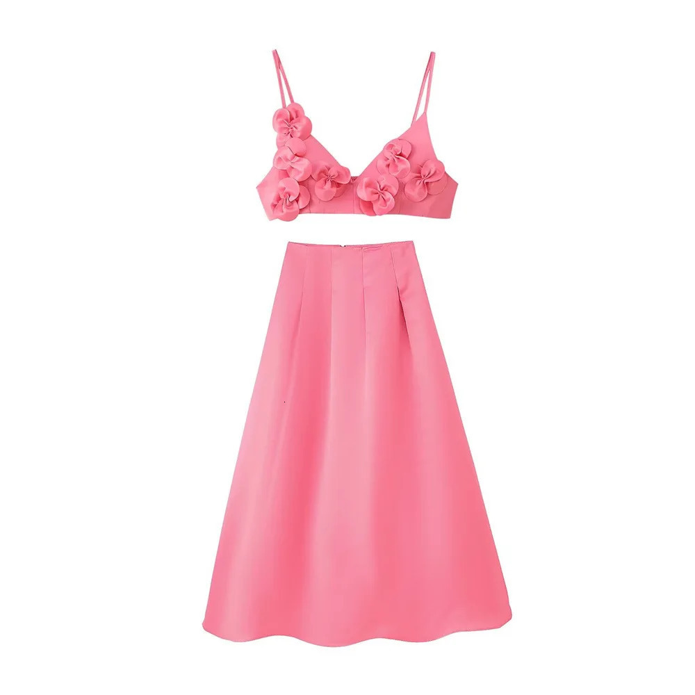 VEITCHE Spring Summer Women Pink Flower Cropped Top Skirt Set Fashion High Waist Long 2 Piece Suit Vocation Beach Outfit 250520