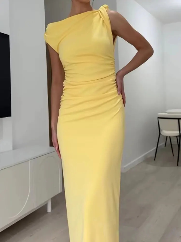 TRAFZA Elegant Yellow Dress For Women Sleeveless Draped Midi Dresses Sexy Off Shoulder Evening Y2K Summer Holiday Vestidos 250520