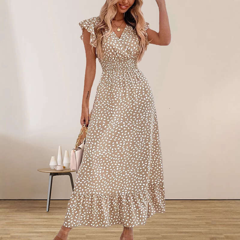 Sexy Vestidos De Noche Beach Dress Floral Dress Bodycon Dresses for Women Womens 2025 Spring/summer Fashion V-neck Long Dress High Waist Short Sleeve 