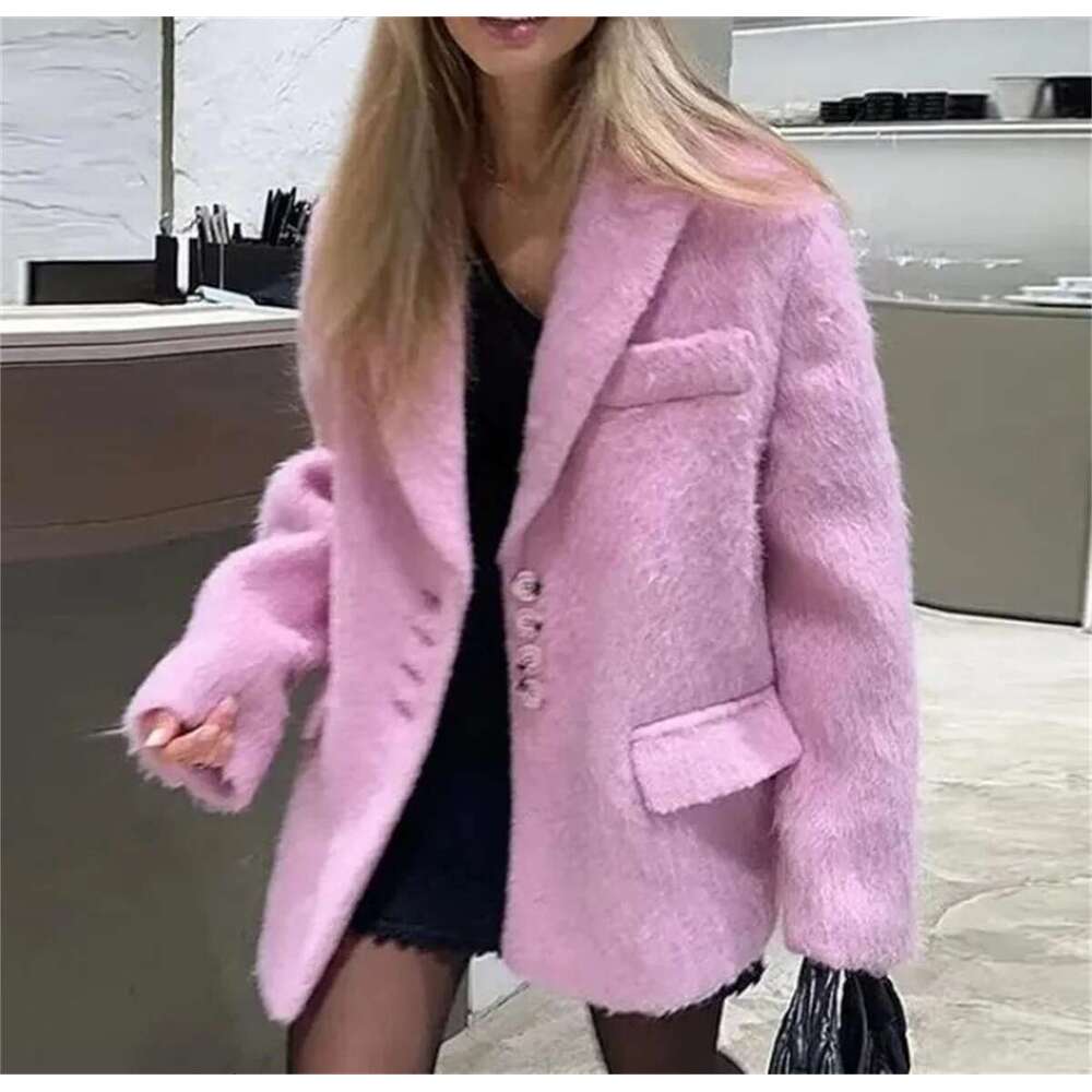 Women's Fashion Lapel Pink Coats Single Breasted Long Sleeve Elegant Coat Autumn Winter Warm Blazer Casual Pockets Lady Outwear
