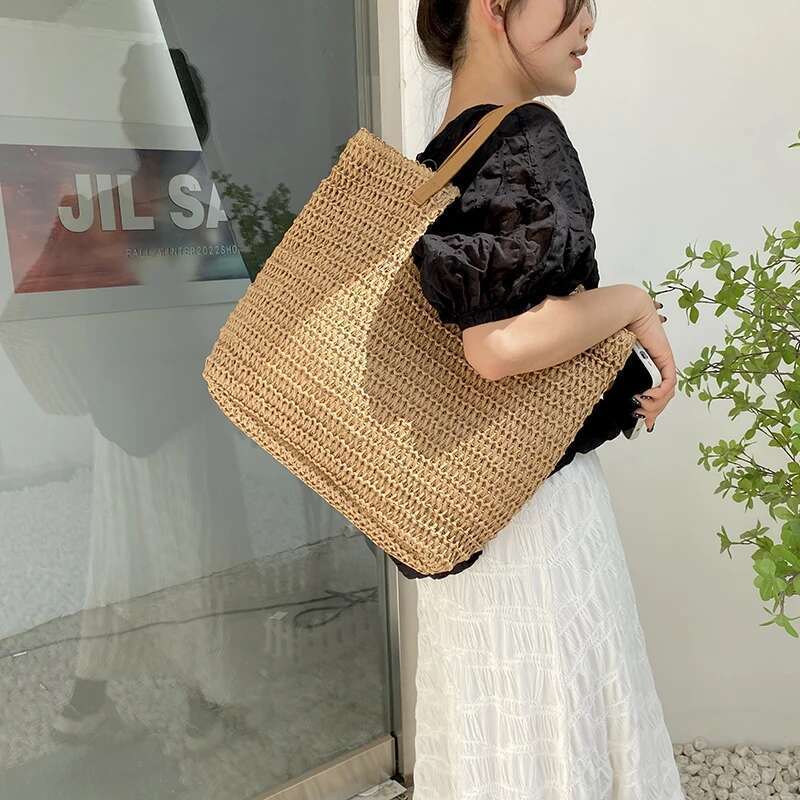 MOODS Summer Beach Straw Woven Shoulder Tote Bags For Women Large Capacity Shopping Totes 2025 Brand New Travelling Handbags