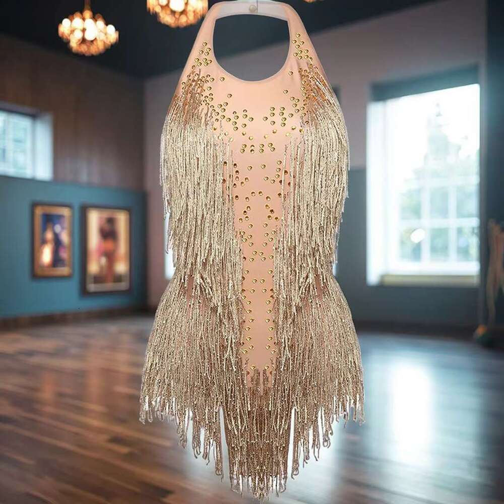 Sparkly Gold Rhinestones Tassel Bodysuit Women's Birthday Party Showgirl Outfit For Gymnastics Dance Leotard Fringes Clothing