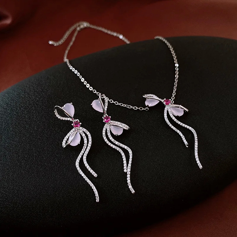 NISHIZAWA Zircon Oil Drop Bowknot Pendant Necklace Earrings Set Korean Clavicle Chain Jewelry Women 250520