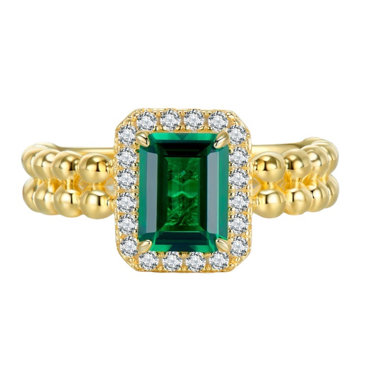 Chic Designer Style S925 Sterling Silver 24k Gold Plated Emerlad-Diamond Engagement Ring