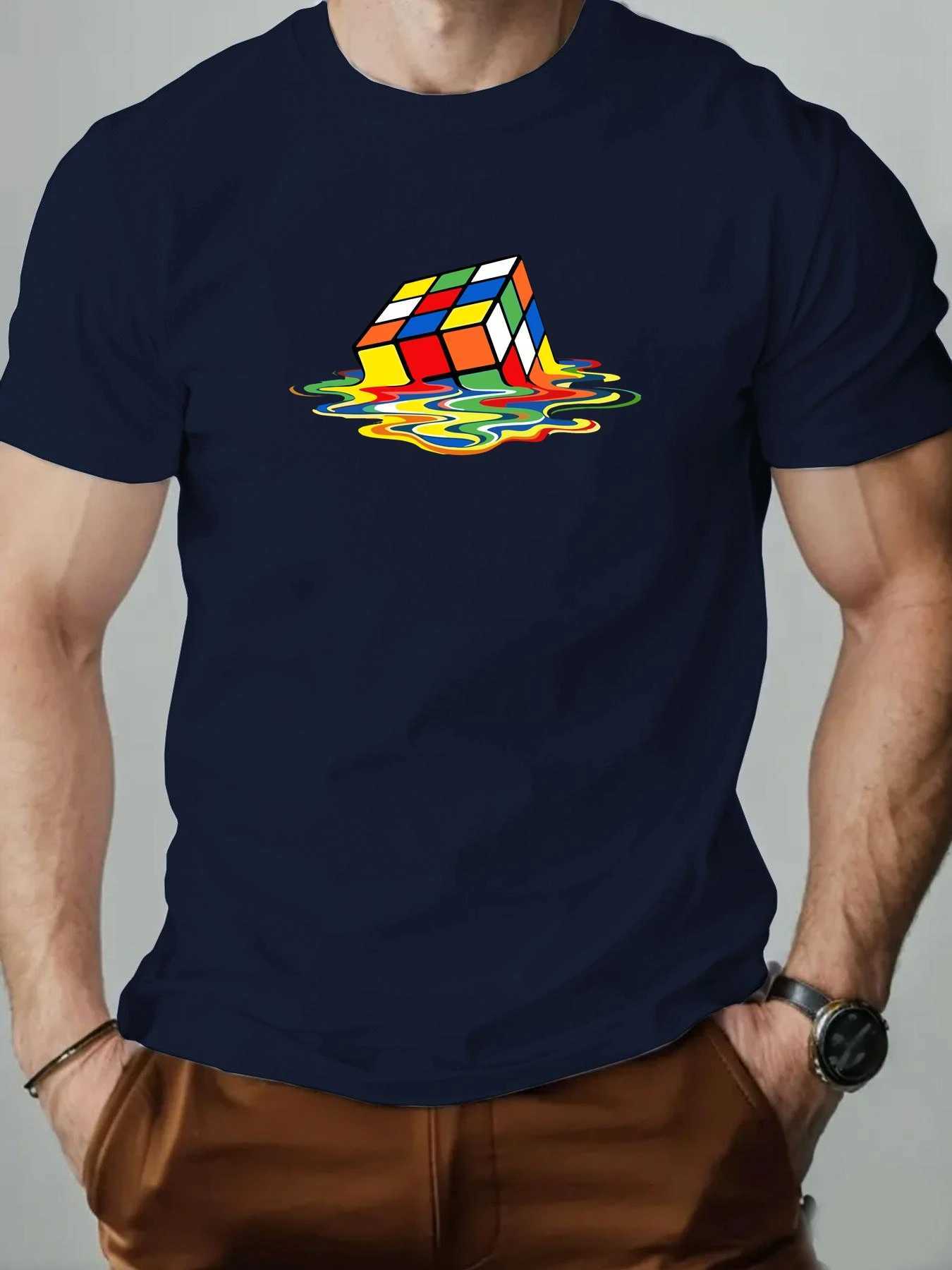 Men t-shirt 100% Cotton Melting Rubiks Cube Print Round Neck Breathable Streetwear Tee Casual Fashion High quality Clothing W250520