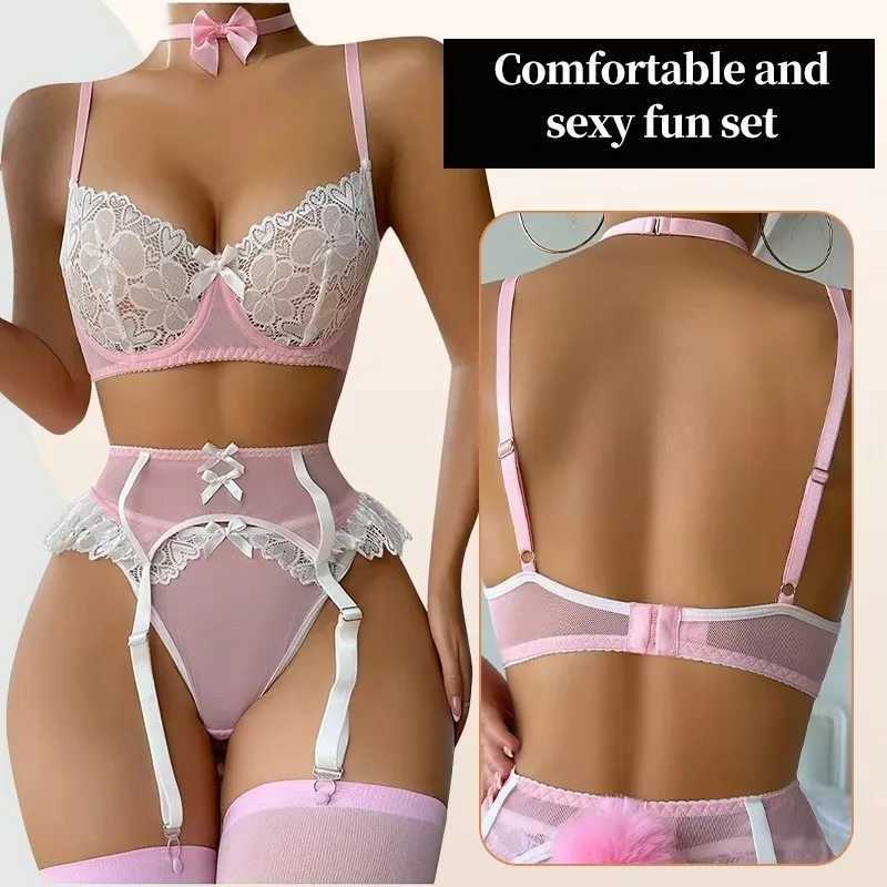 5 Pcs Outfit Lace Lingerie Stocking Underwear Sexy Heart Floral Lace Steel Ring Gathered Bra Cutey Panties Exotic Sets R250520