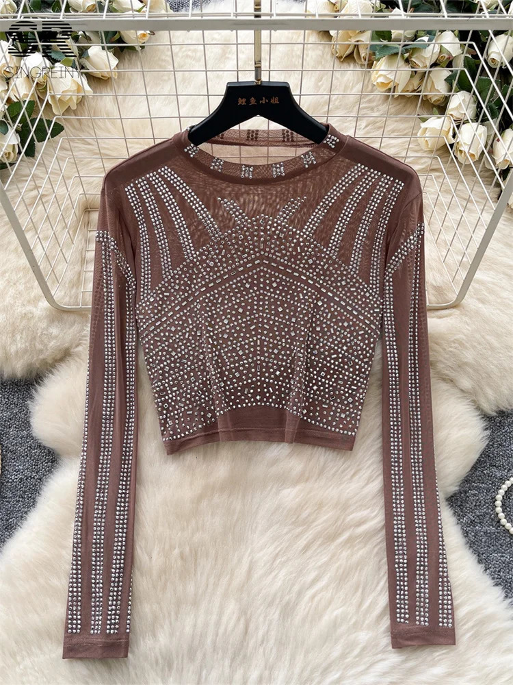 SINGREINY Senior Beading Sexy Blouse Women Long Sleeves O Neck Short T Shirt Girl Fashion Streetwear Shiny Crop Tops 250520