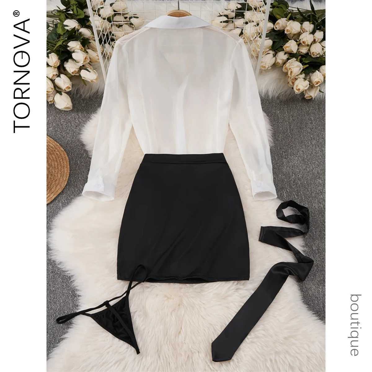 Preppy Style Sexy Uniform Sets Women Sexy Uniform Suit Sheer Top+Lace Up Mini Skirt+Thongs Hollow Cosplay Porn Suits New R250520