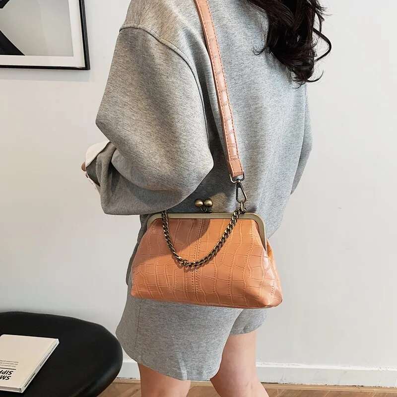 Vintage Kiss Lock Crossbody Crocodile Pattern Evening Clutch Purse PU Leather Tote Bag For Women Work Shopping Travel