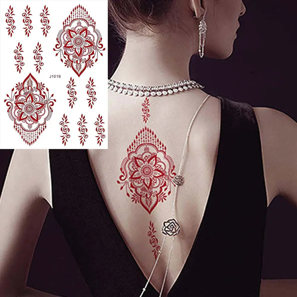 10 Pcs/Set Maroon Color Henna Tattoo Stickers for Hand Brown Red Henna Tattoos for Women Waterproof Temporary Mehndi Tattoo Fake 250515