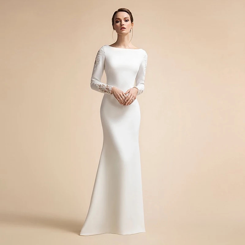 Simple Mermaid Button Wedding Dresses Long Sleeves Ivory Muslim Bridal Gowns for Bride Satin Lace Appliques