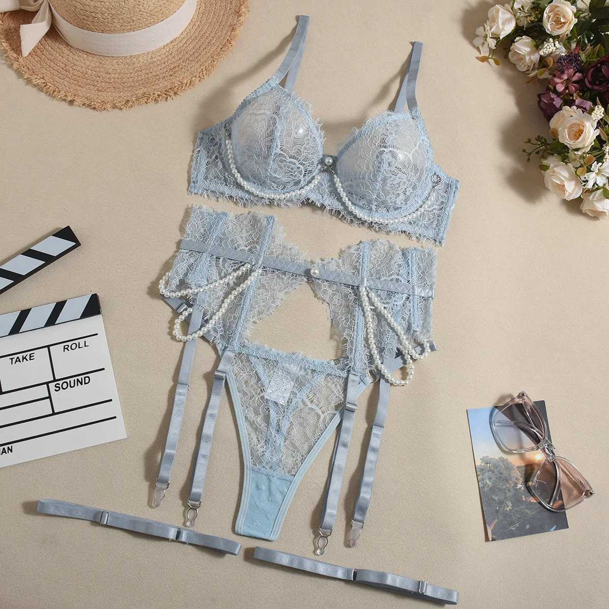 4-piece Set Sexy Lingerie Set Women Solid Lace Bra With See Through Lace Fishbone Pearl Lingerie Outfits For Party Club R250520