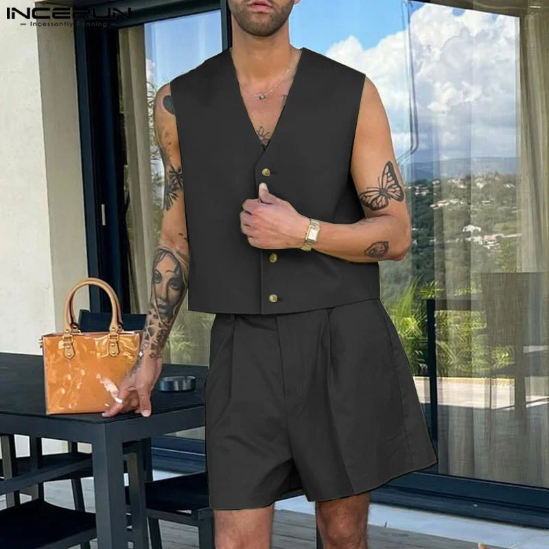 INCERUN Men Sets Solid Color V Neck Sleeveless Crop Vests Shorts Two Pieces Sets Streetwear Fashion Mens Casual Suits 250519