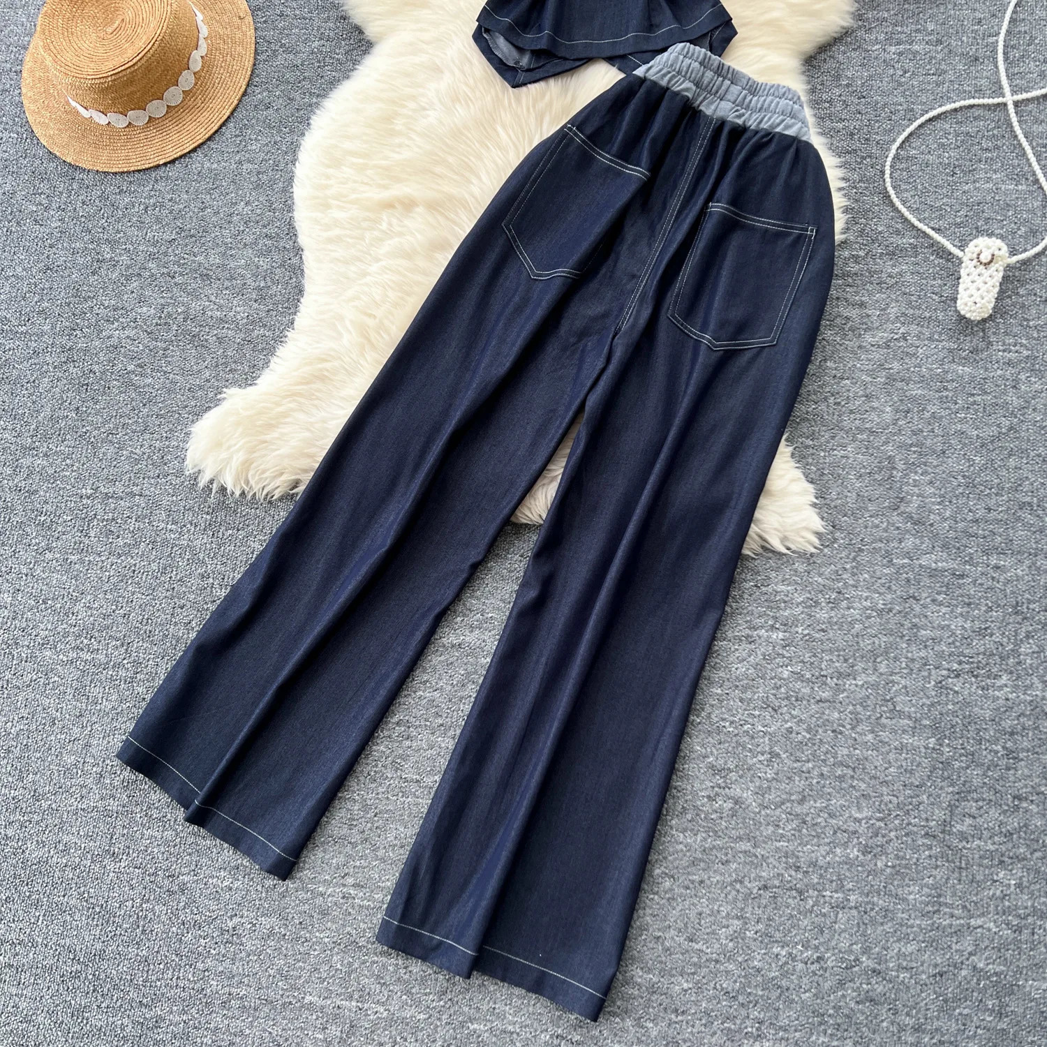 Two Piece Set Women Pant Sets V Neck Denim Y2k Streetwear Matching Sets Vest Top Wide Leg Long Pants Lace Up High Waist 250516