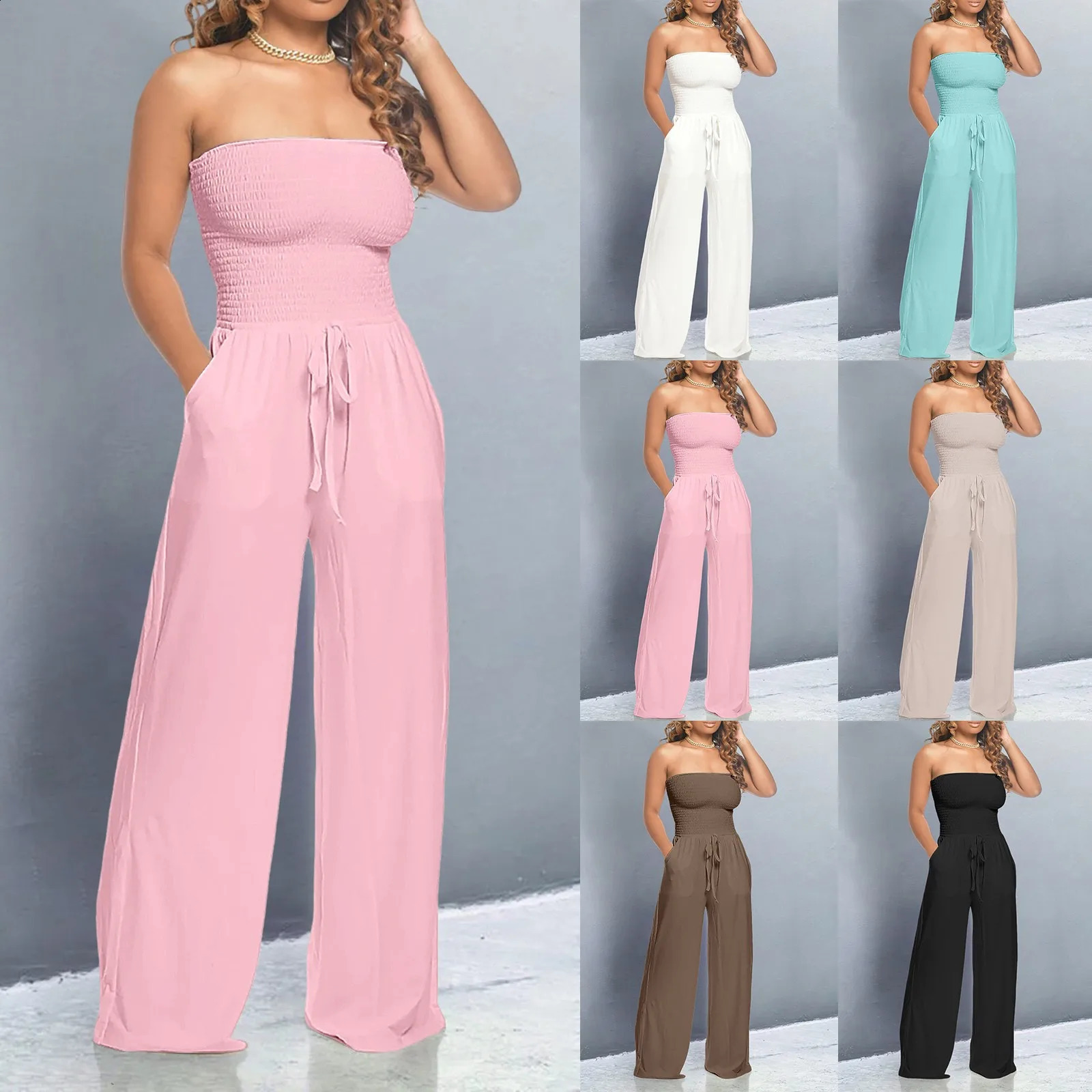 Sexy Strapless Straight Jumpsuits Womens Ruched Lace Up Wide Leg Overall Streetwear Solid Color Long Casual Romper 250519