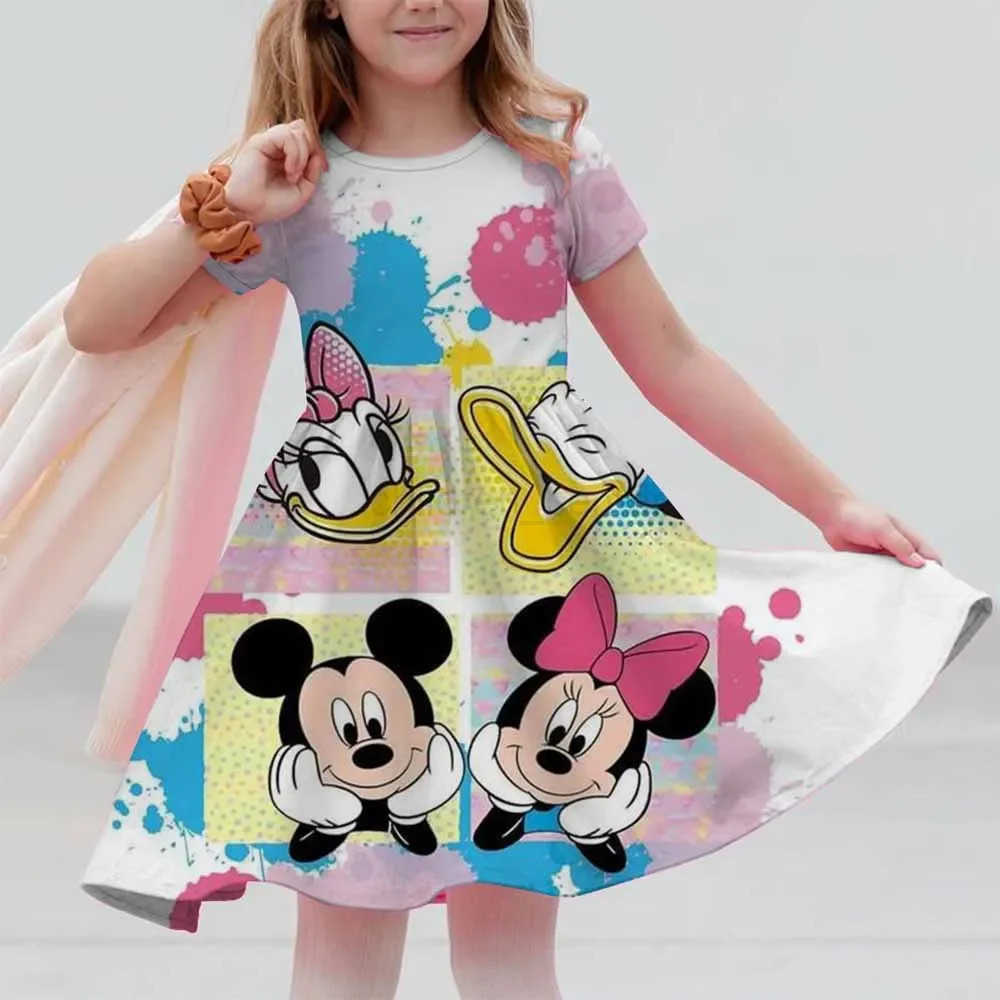 Mickey Mouse Summer Girls Skirt Short Sleeve Dress 3D Printed Cartoon Disney Cute Childrens Fashion MNSO Party Trendy Clothing W250520