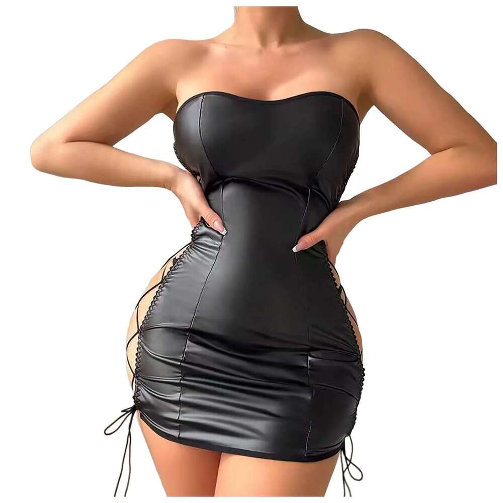 Seductive Women's Lingerie Faux Leather Strapless Mini Dress Side Lacing Openwork Womens Sleepwear Sexy Bodycon Clubwear