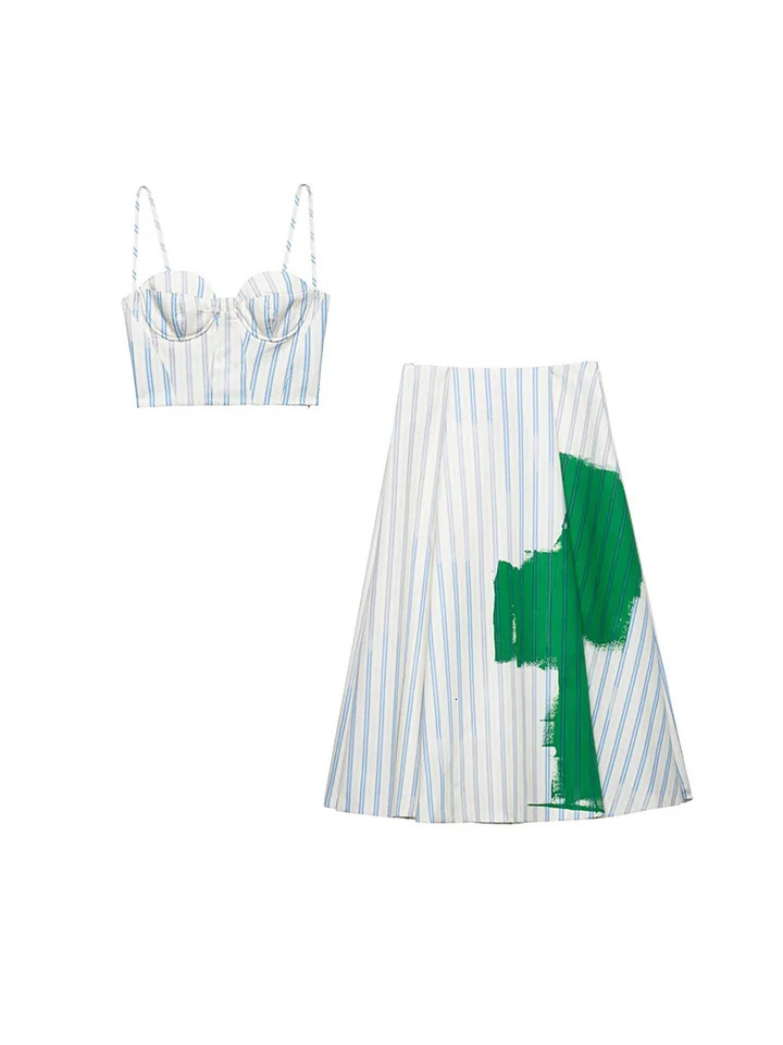 SIYANG Women Fashion 2 Piece Set Striped Backless Pleated Tops Vintage Side Zipper Mini Skirt Female Chic Lady Skirts 250520