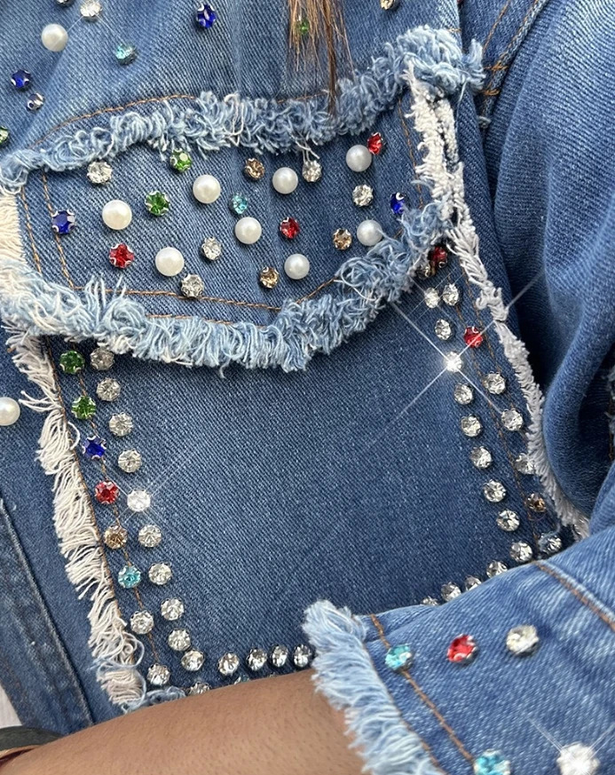 Trendy Womens Denim Jacket Colorful diamond decorated vintage denim jacket with pocket buttons long sleeved collar 250519