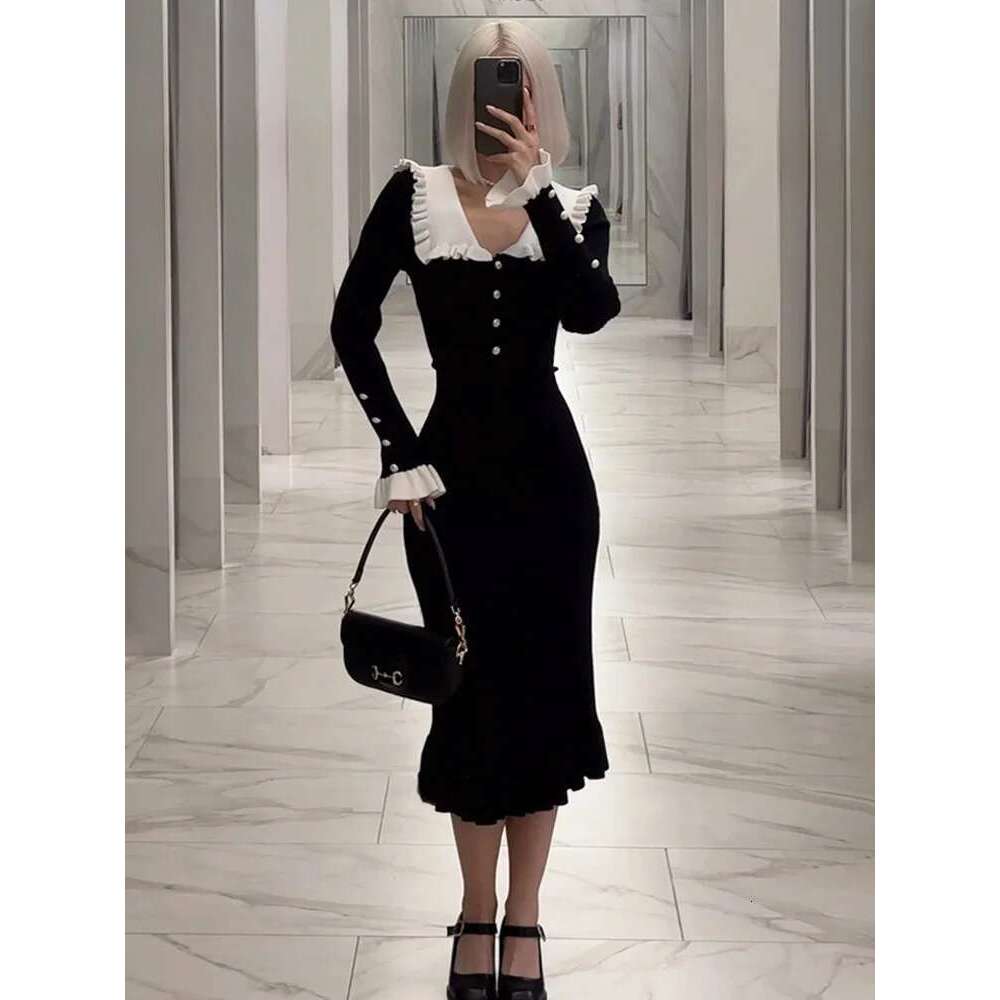 Tossy Ruffled Patchwork Knit Maxi For Women Elegant Ribbed Sleeve Party Gown Slim Knitwear Fashion Long Dress Designer