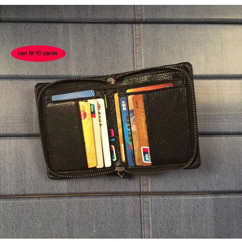 Fashion PUNK Stud Genuine Leather Men Bifold Short Wallet Zip around Male Purse Cowhide Money Bag Clip with Chain Black