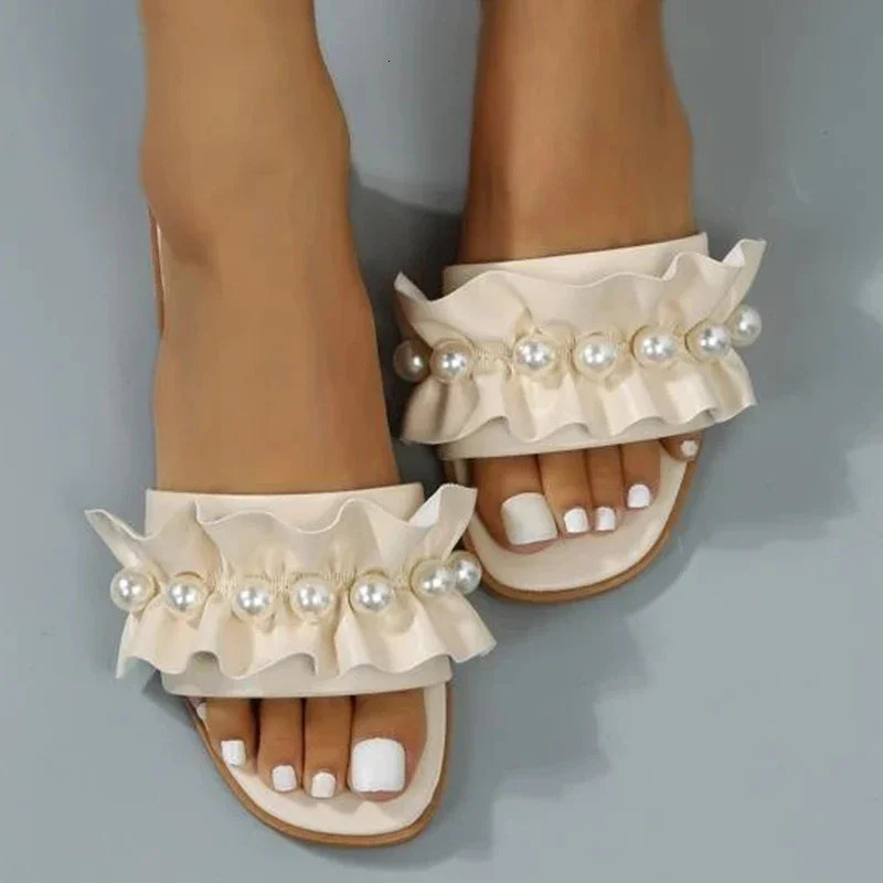 Women Slides Faux Pearl Decor Ruffle Trim Sandals Open Toe Wear-resistant Flat Slippers Summer Sandy Beach Sandals Women Shoes 250516