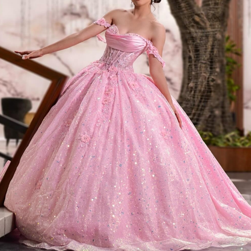 Pink Quinceanera Dresses Off Shoulder Ball Gown Sweet 16 Dress Applique Sequin Beading Tull Corset Birthday Party Vestidos 15 De Anos