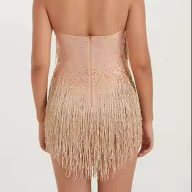 Sparkly Gold Rhinestones Tassel Bodysuit Women's Birthday Party Showgirl Outfit For Gymnastics Dance Leotard Fringes Clothing