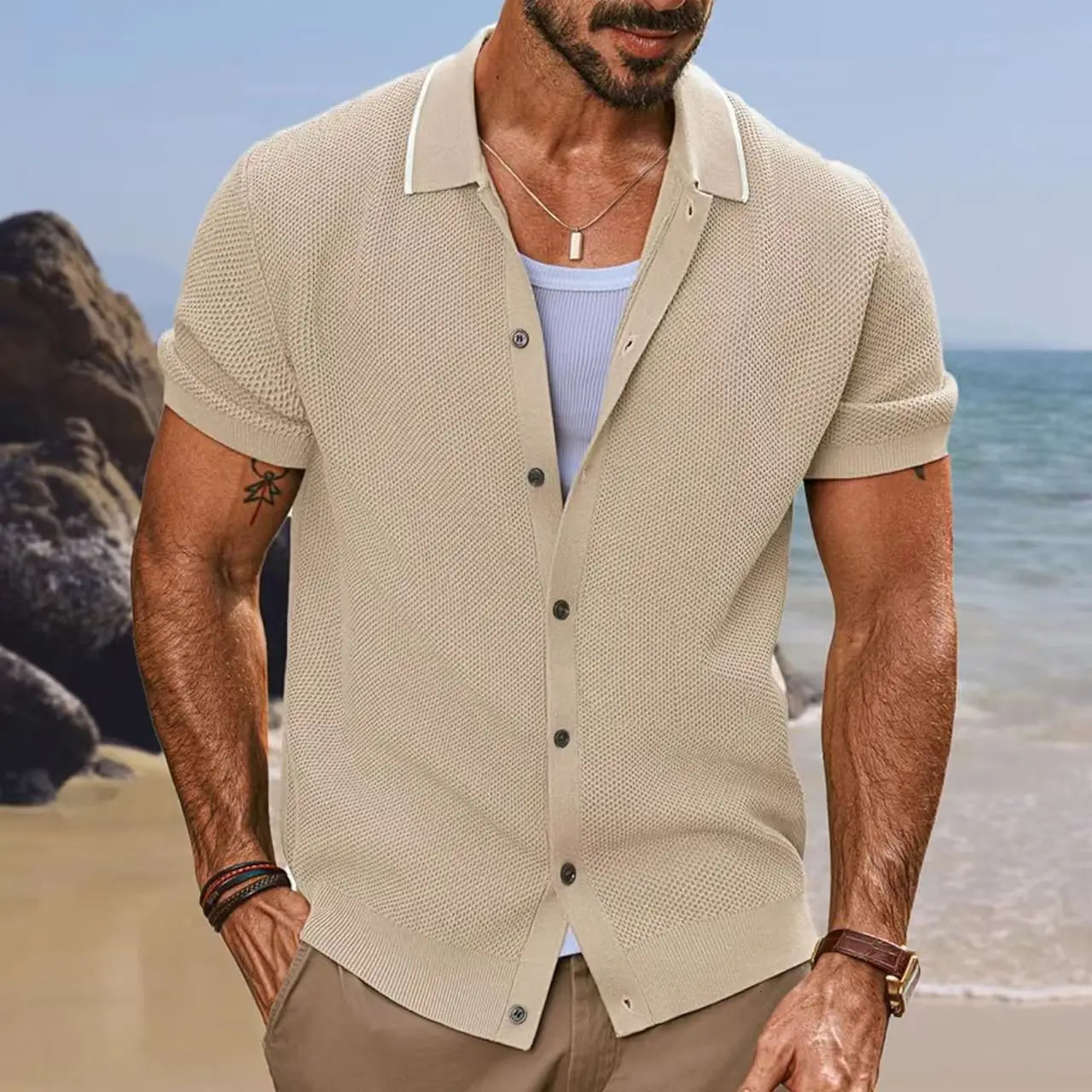 Spring Summer Knitting Polo Shirt Men Casual Turndown Collar Button Solid Top Short Sleeve Ice Silk Tee Vintage Cardigan 250520