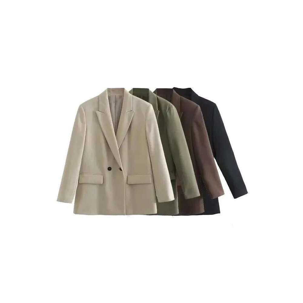 TRZA Women Fashion Double Breasted Loose Fitting Blazer Coat Vintage Long Sleeve Pockets Female Outerwear Chic Veste Femme