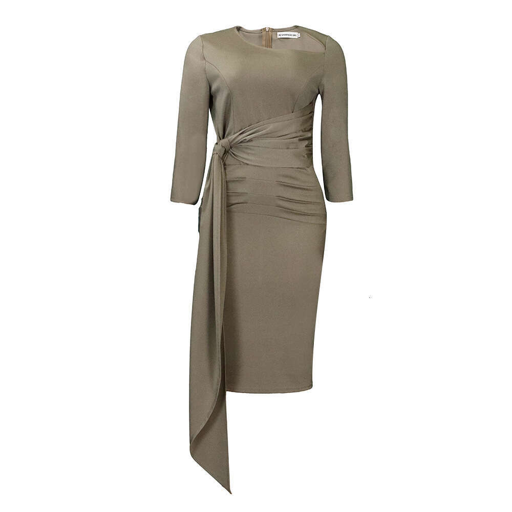 Women's Wear D3168 Women's 2022 Autumn/Winter New Solid Color OL Style Commuter Pleated Tie Up Dress