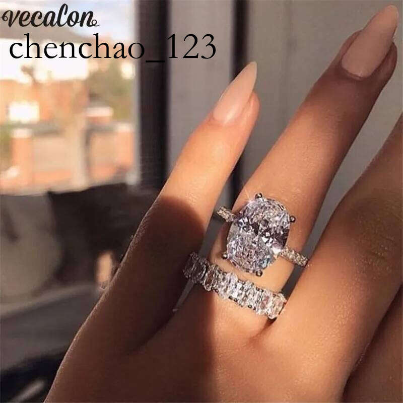 Vecalon Classic Sterling Sier ring set Oval cut 3ct Dia Cz Engagement wedding Band rings for women Bridal bijoux