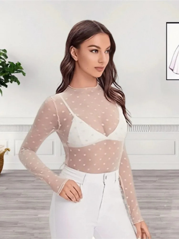 T Shirt For Women Basics Retro Sexy Polka Dot O Neck Bodycon Tops Off The Shoulder Vintage Solid Streetwear Lace Transparent 250517