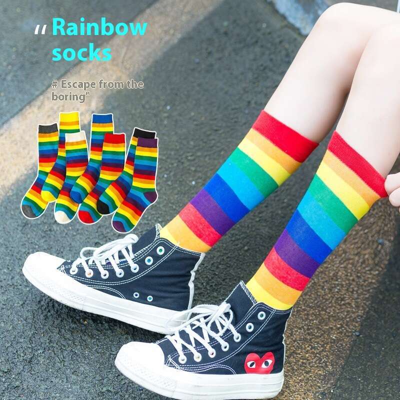 Socks For Children, Mid Tube Socks, Spring And Summer, Korean Version, Internet Celebrity, Long Rainbow Candy Stripe, High Tube, Ins, Trendy Cotton So