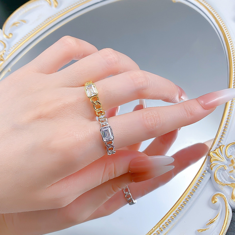 S925 Sterling Silver 5x7 Rectangular Cubic Zirconia Cuban Link Chain Gold Ring, Unique Hollow Design