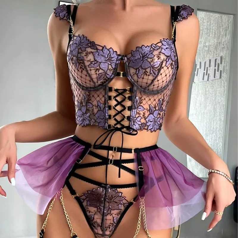 Purple Lingerie Set Sexy 4-Piece Mesh Embroidered Hollow Flower Cute Metal Charm Clips Uniform Apron Suits for Sexy Costume Play R250520