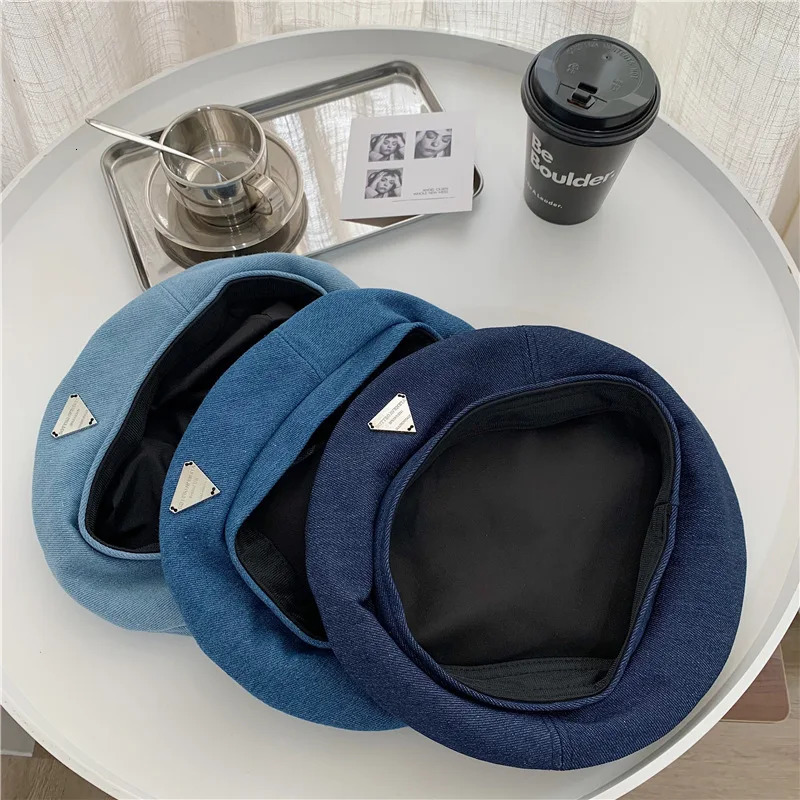 Female Metal Label Cowboy Cotton Denim Beret Women Versatile Painter Hat Headwear Berets Caps 250520